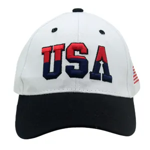 Detailed close-up of 3D USA embroidery and American flag patch on a cotton baseball cap