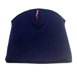 Dark blue knitted beanie hat with a Union Jack pattern jacquard detail on a white background
