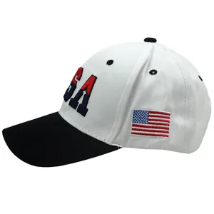 Detail of high-quality USA 3D embroidery and flag patch on a two-tone cotton baseball cap