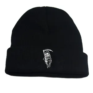 Halloween Sensenmann Stickerei Strickmütze Für Herren Damen Schwarz Acryl Gerippte Winter Warme Umschlagmütze Totenkopf Kappe