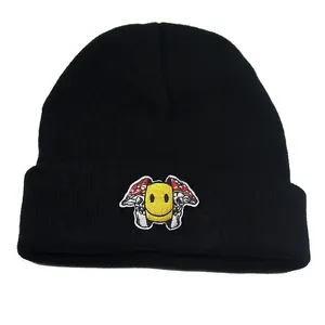 Pilz Smiley Stickerei Strickmütze Für Herren Damen Winter Warm Schwarz Acryl Mütze Outdoor Accessoire