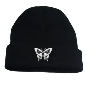 Gorro de Punto con Bordado de Mariposa y Calavera para Hombre y Mujer Gorro de Invierno Cálido de Acrílico Streetwear Hip Hop