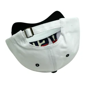Detail of adjustable metal buckle and inner embroidery on this USA baseball cap