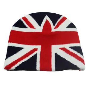 Knit beanie hat featuring a Union Jack flag pattern for winter warmth and street style