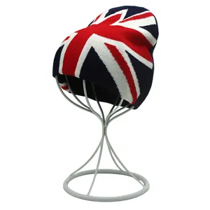 Close-up of the Union Jack jacquard pattern on a thick knit navy beanie hat