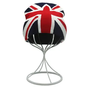 Detail view of Union Jack jacquard knit beanie on a white metal hat display stand