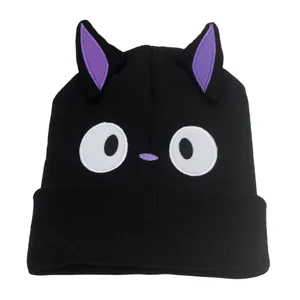 Berretto in Maglia con Orecchie da Gatto Cartoon Ricamo in Acrilico Invernale Caldo Outdoor per Uomo Donna Nero