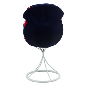 Rear view of navy blue knit beanie with Union Jack pattern on a metal display stand
