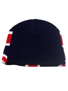 Detail view of the thick knit texture and red-white stripe pattern on the navy beanie