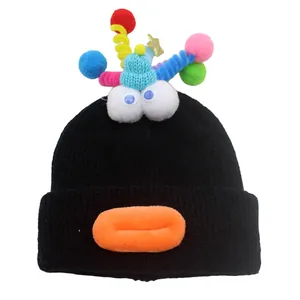 Funny Monster Knit Beanie Hat With 3D Eyes Colorful Fuzzy Balls Winter Warm Acrylic Crochet Skull Cap For Party Halloween