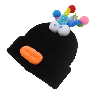 Funny cartoon knit beanie with giant plush eyes and duck beak for winter warmth