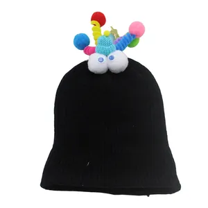 Funny cartoon knitted beanie with 3D eyes and colorful pom poms for outdoor winter warmth
