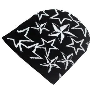 Berretto invernale in maglia con motivo a stelle jacquard bianco e nero per uomo e donna