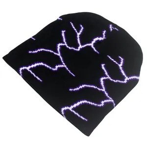 Bonnet en maille jacquard à motif éclair noir et violet pour homme et femme
