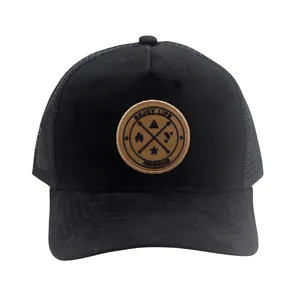 Classic black mesh trucker hat with brown Enjoy Life embroidery patch and curved brim