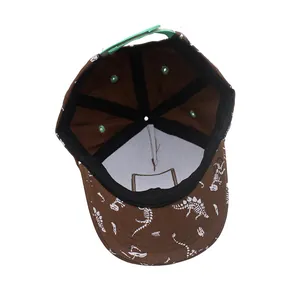 Detail of kids baseball cap with dinosaur print and adjustable green velcro strap