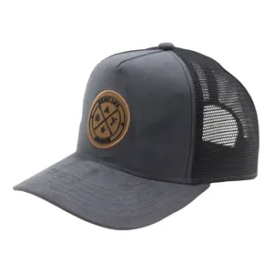 Close-up of the breathable mesh back and suede fabric on the grey baseball cap