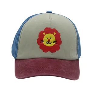 Kids Cartoon Lion Washed Cotton Baseball Cap Adjustable Color Block Sun Protection Outdoor Hat For Boys Girls Daily Accessories