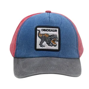Kids Dinosaur Embroidery Baseball Cap Color Block Washed Cotton Sun Hat For Boys Girls Adjustable Duck Tongue Cap