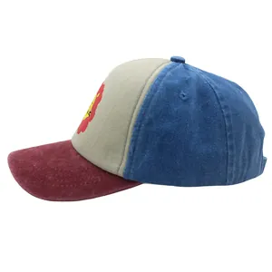 Kids washed cotton baseball cap with cartoon lion print and tricolor patchwork design