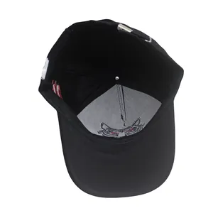 Internal view of black baseball cap with tiger embroidery and adjustable metal buckle