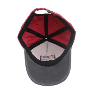 Kids dinosaur style baseball cap in red and grey patchwork design with metal buckle strap