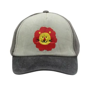 Detailed view of kids washed cotton baseball cap with cartoon lion and gray brim