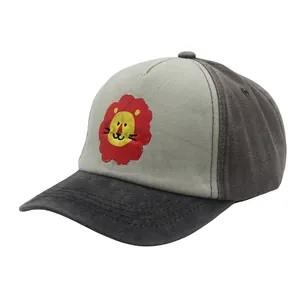 Kids baseball cap with cartoon lion print and washed cotton two-tone color block design
