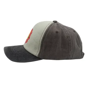 Close-up of washed cotton child baseball cap showing contrast colors and cartoon lion pattern