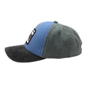 Detail of color-block dinosaur cap with vintage wolf patch and high-quality stitching