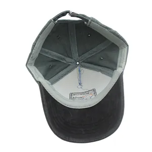 Internal view of dark grey washed cotton baseball cap with reinforced seams and sweatband