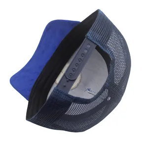 Detail view of the breathable navy mesh and adjustable snapback closure on the trucker hat