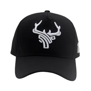 Black baseball cap with white 3D bull head embroidery and side lettering detail