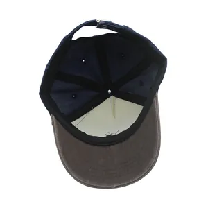 Detail view of cotton baseball cap interior featuring reinforced lining and stitching