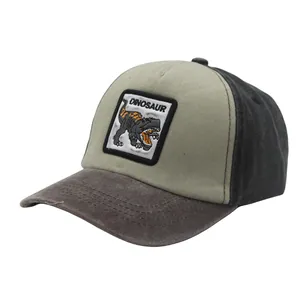 Detail showing the dinosaur embroidery and distressed stitching on the washed cotton cap