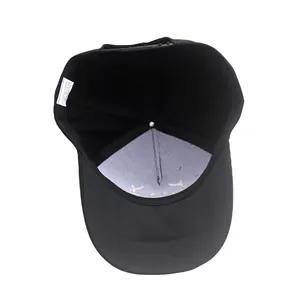 Inside view of black baseball cap with 100% polyester fabric and adjustable strap