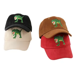 Casquettes de baseball pour enfants avec broderie T-Rex en noir, beige, brun et rouge