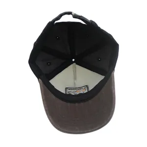 Detail view of the washed cotton baseball cap inner lining and reinforced stitching