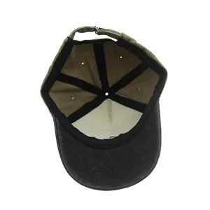 Internal view of a cotton kids baseball cap with adjustable metal buckle and stitching