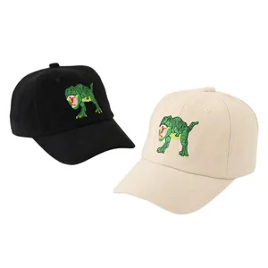 Casquettes de baseball enfant noir et beige avec broderie dinosaure vert mignon