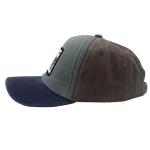 Detail view of contrast baseball cap with suede texture and dinosaur patch