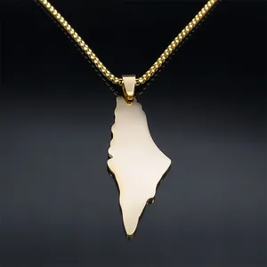 Colgante de mapa de Israel en acero inoxidable dorado pulido con cadena de bolas y fondo