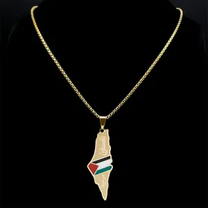 Collar con colgante mapa de Palestina en acero dorado con colores de bandera y letras