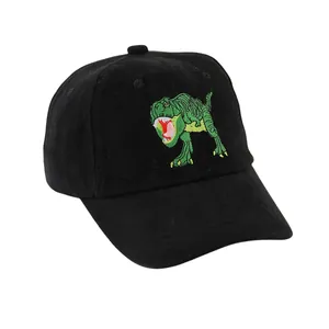 Casquette de baseball noire pour enfants avec broderie de dinosaure vert et visière incurvée