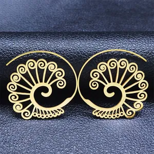 Vintage Ethnic Bohemian Hollow Scroll Stainless Steel Spiral Earrings For Women Geometric Gold Silver Floral Hoop Dangle Jewelry