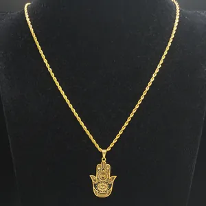 Collier pendentif Main de Fatima vintage avec œil protecteur et chaîne corde