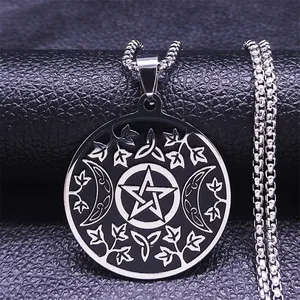 Collar de Pendiente Vintage de Acero Inoxidable con Pentagrama Triple Luna Estrella Hoja para Hombre Mujer Joyería Gótica