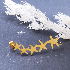 Stainless steel gold star ear crawler earrings with 40mm curved five-star design