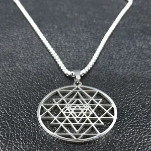 Sacred geometry mandala pendant necklace in silver stainless steel on black leather