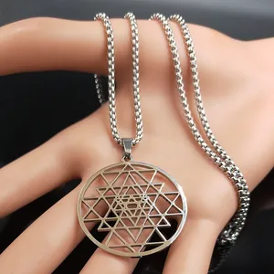 Silver Sri Yantra sacred geometry pendant necklace in stainless steel with box chain
